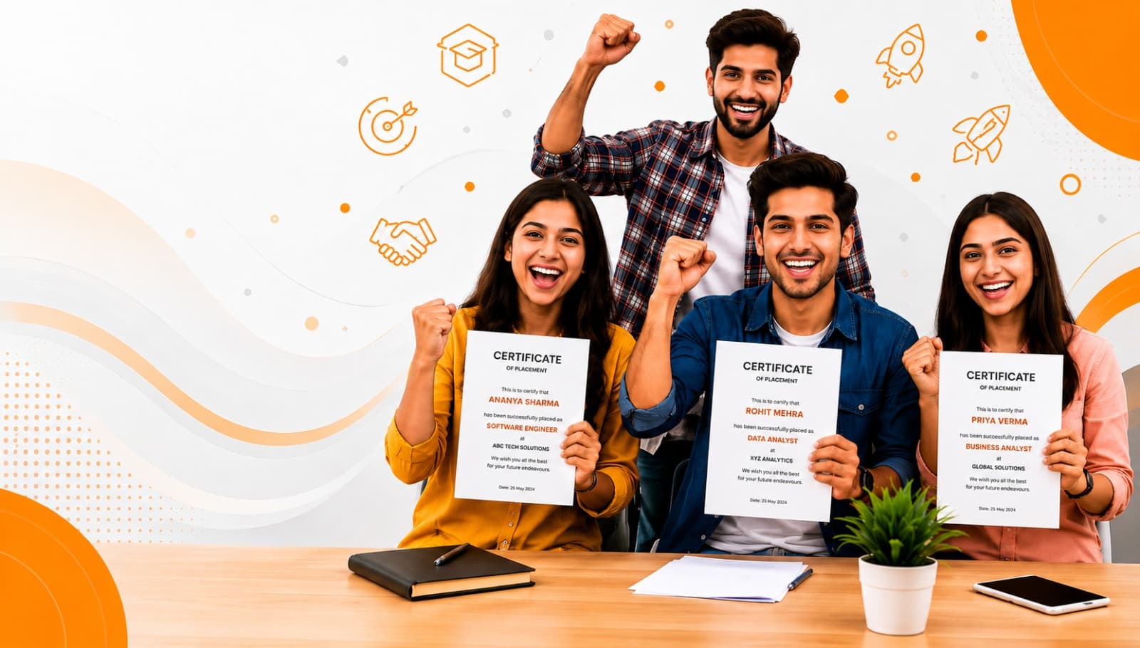 GNS Technologies students celebrating placements with certificates
